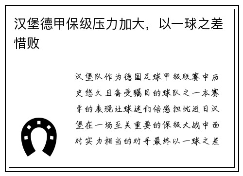 汉堡德甲保级压力加大，以一球之差惜败